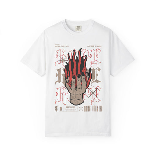 Flaming Hand Gothic Graphic Tee | Vintage Washed Streetwear Shirt | Alternative Heavyweight T-Shirt | Dark Aesthetic Punk Tee