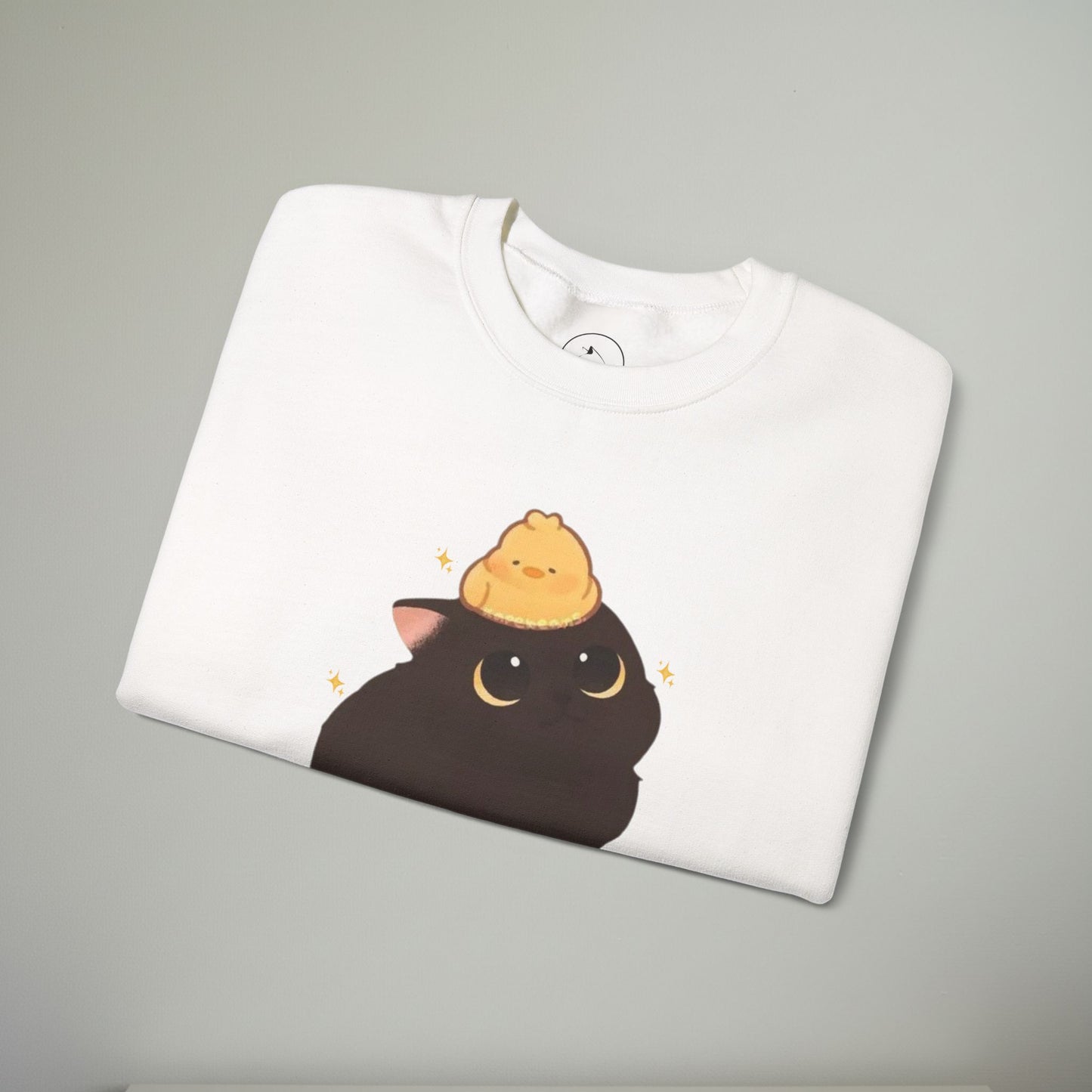 Cozy Cat Embroidered Crewneck Sweatshirt | Cute Black Cat & Chick Sweater | Soft Everyday Pullover | Whimsical Animal Sweatshirt | Cozy Gift