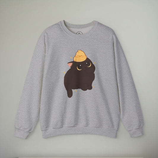 Cozy Cat Embroidered Crewneck Sweatshirt | Cute Black Cat & Chick Sweater | Soft Everyday Pullover | Whimsical Animal Sweatshirt | Cozy Gift