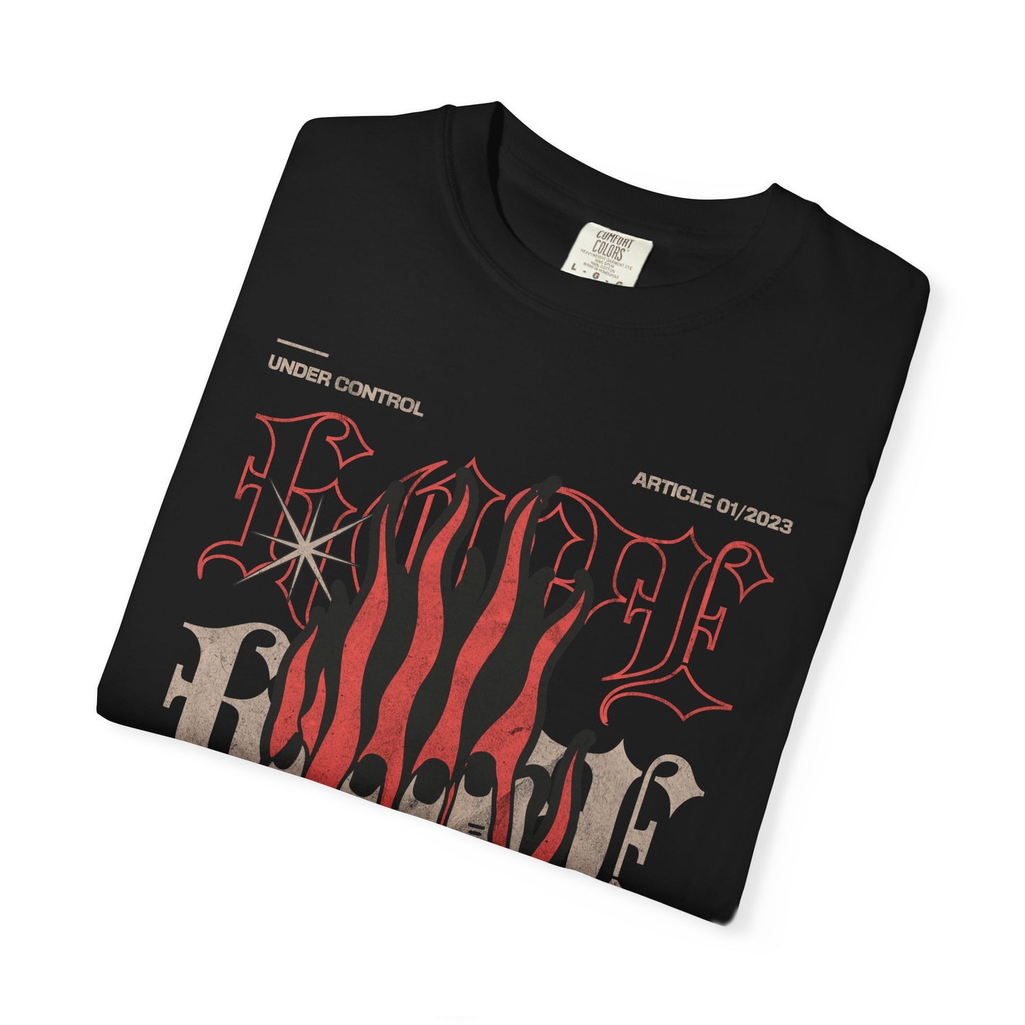 Flaming Hand Gothic Graphic Tee | Vintage Washed Streetwear Shirt | Alternative Heavyweight T-Shirt | Dark Aesthetic Punk Tee