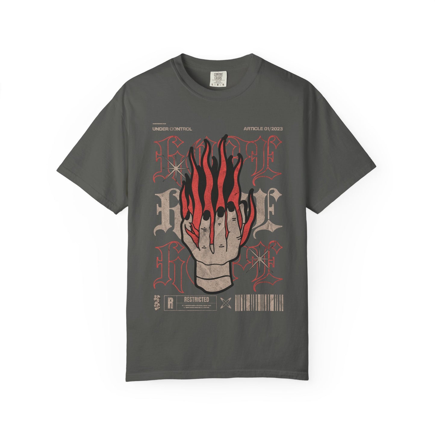 Flaming Hand Gothic Graphic Tee | Vintage Washed Streetwear Shirt | Alternative Heavyweight T-Shirt | Dark Aesthetic Punk Tee