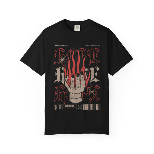 Flaming Hand Gothic Graphic Tee | Vintage Washed Streetwear Shirt | Alternative Heavyweight T-Shirt | Dark Aesthetic Punk Tee