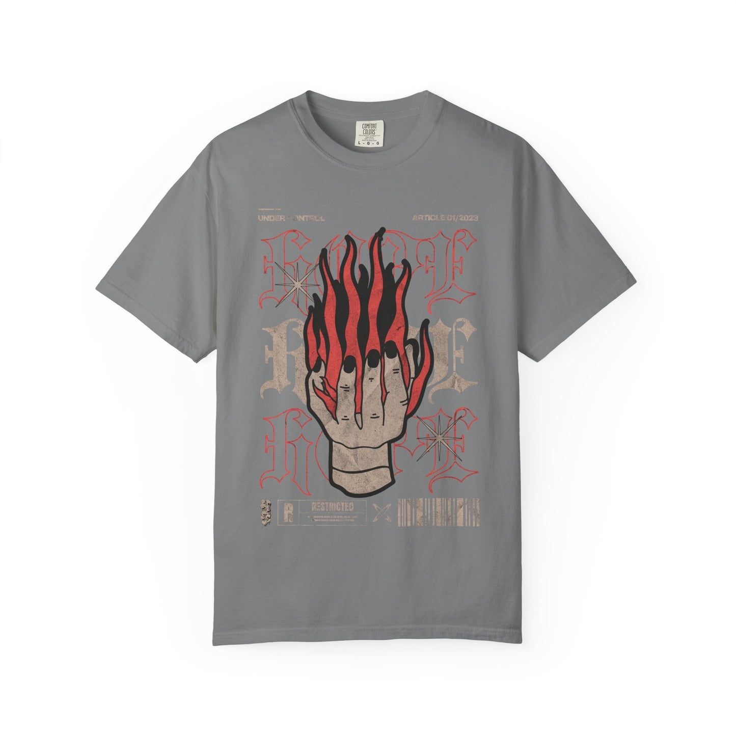 Flaming Hand Gothic Graphic Tee | Vintage Washed Streetwear Shirt | Alternative Heavyweight T-Shirt | Dark Aesthetic Punk Tee