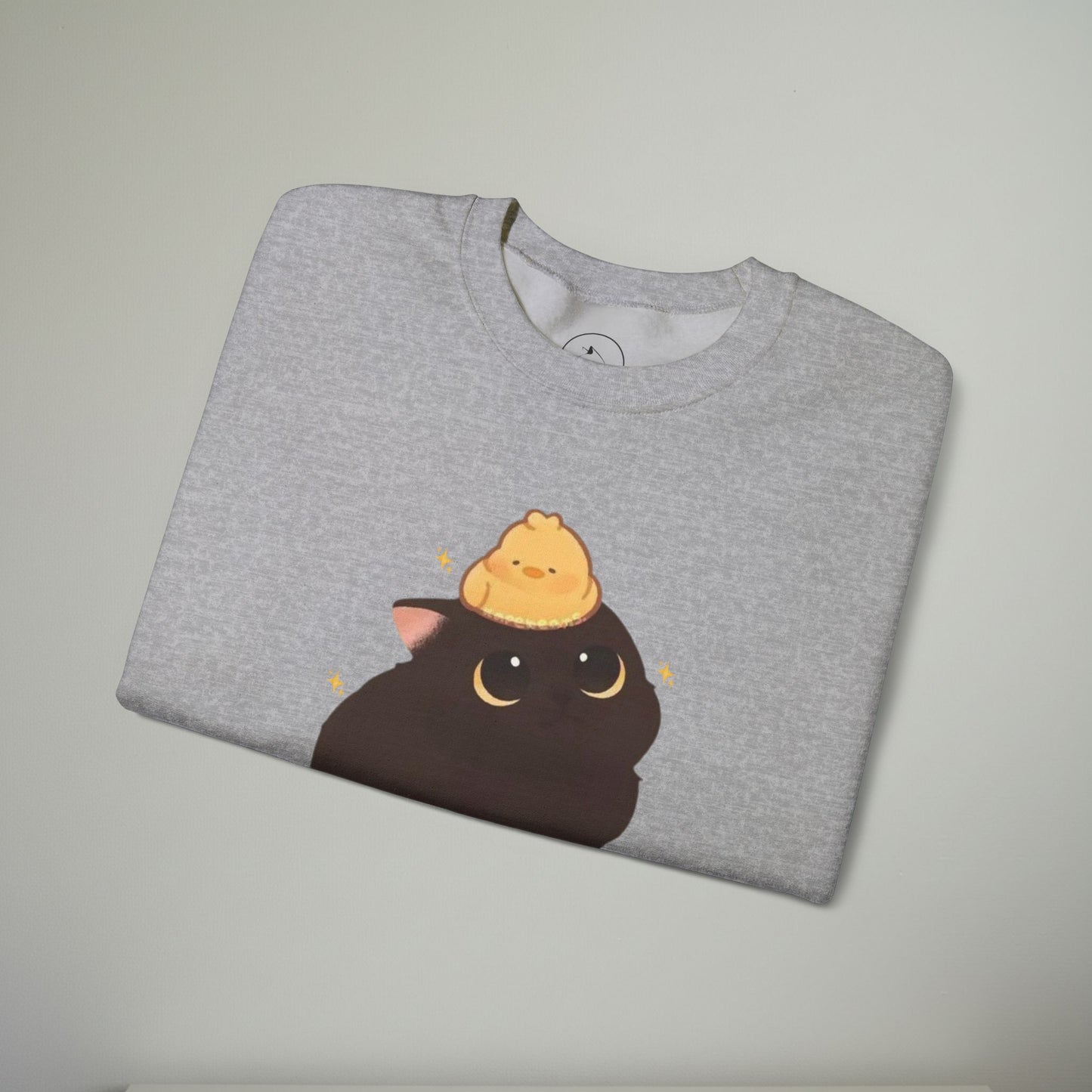 Cozy Cat Embroidered Crewneck Sweatshirt | Cute Black Cat & Chick Sweater | Soft Everyday Pullover | Whimsical Animal Sweatshirt | Cozy Gift