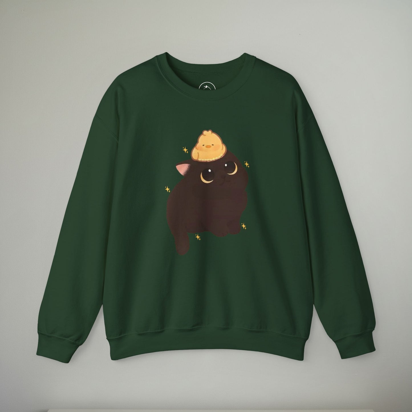 Cozy Cat Embroidered Crewneck Sweatshirt | Cute Black Cat & Chick Sweater | Soft Everyday Pullover | Whimsical Animal Sweatshirt | Cozy Gift