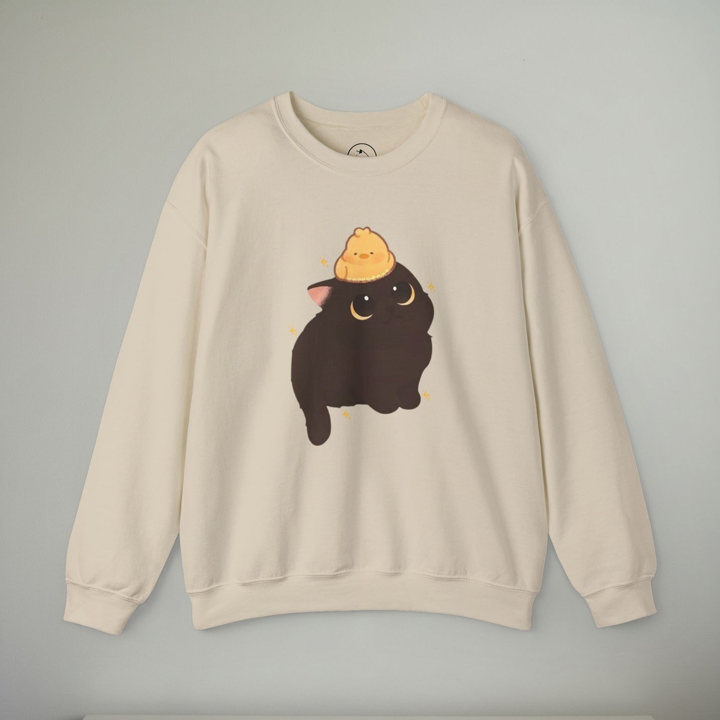 Cozy Cat Embroidered Crewneck Sweatshirt | Cute Black Cat & Chick Sweater | Soft Everyday Pullover | Whimsical Animal Sweatshirt | Cozy Gift
