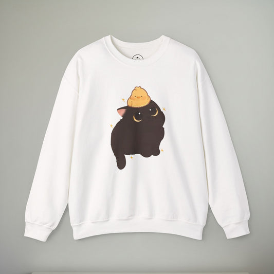 Cozy Cat Embroidered Crewneck Sweatshirt | Cute Black Cat & Chick Sweater | Soft Everyday Pullover | Whimsical Animal Sweatshirt | Cozy Gift
